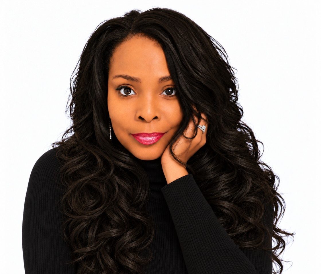 Antoinette Robinson in a black turtleneck, resting her chin on her hand